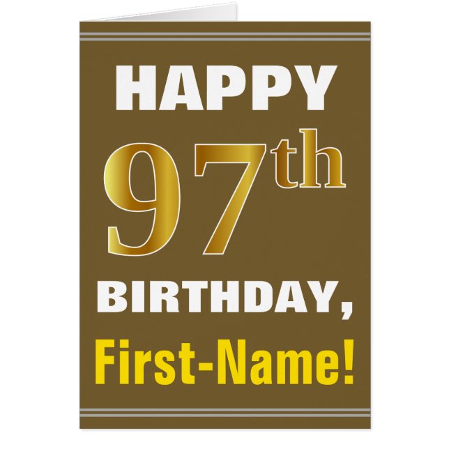 Bold, Brown, Faux Gold 97th Birthday w/ Name Card (Front)