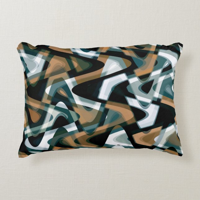 Bold Brown Teal Green Black White Wavy Pattern Accent Pillow (Front)