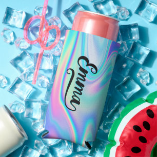 Bold Brush Script Name Ends with A Aqua Iridescent Seltzer Can Cooler