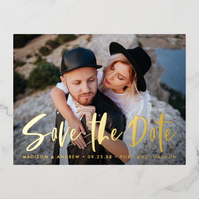 Bold Brush Script Photo Save the Date Foil Invitation Postcard (Front)