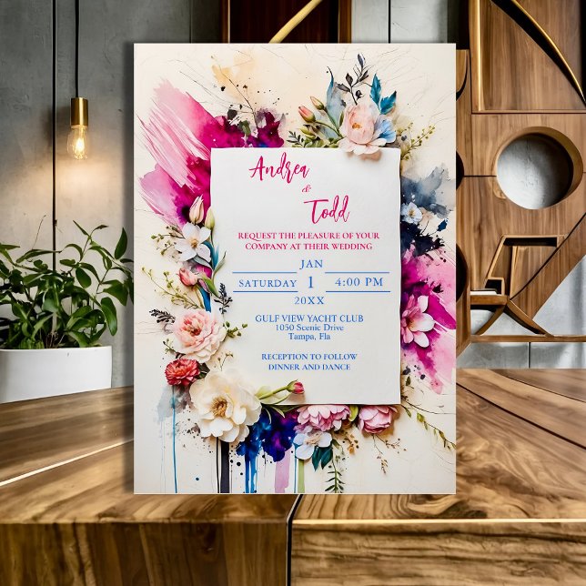 Bold brush strokes floral watercolor wedding invitation (Creator Uploaded)