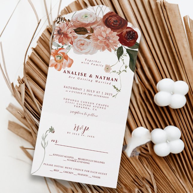 Bold Burgundy Bohemian Floral Wedding  All In One Invitation (Creator Uploaded)