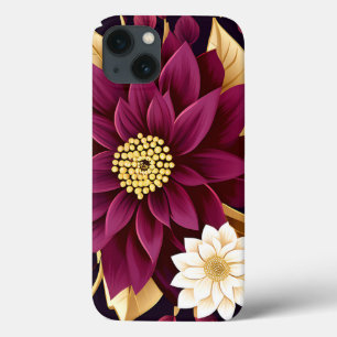 Bold Burgundy Gold Leaves And Floral iPhone 13 Case