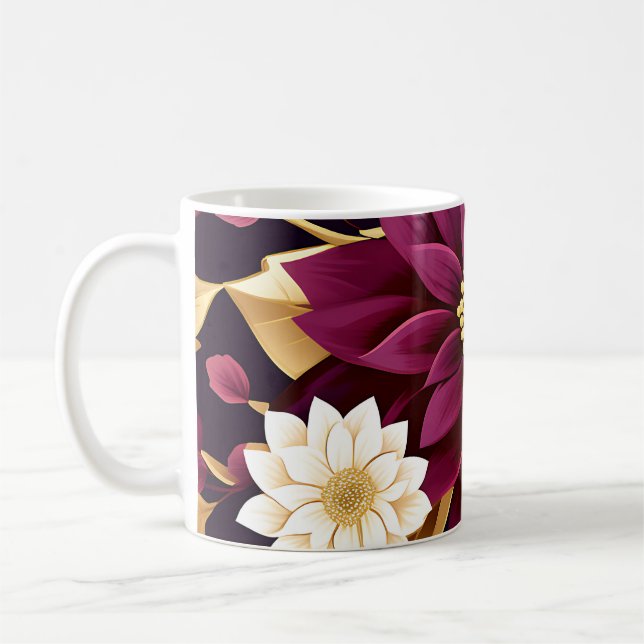 Bold Burgundy Gold Leaves And Floral Coffee Mug (Left)
