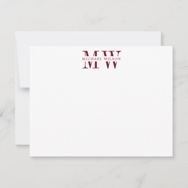 Bold Burgundy Monogram Initials Name Note Card (Front)