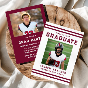 Bold Burgundy Stripes Athletic Photo Graduation Invitation