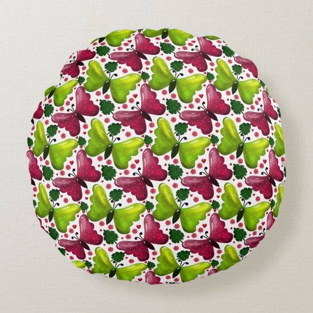 Bold Butterfly Floral Pattern with Hearts Round Pillow (Front)