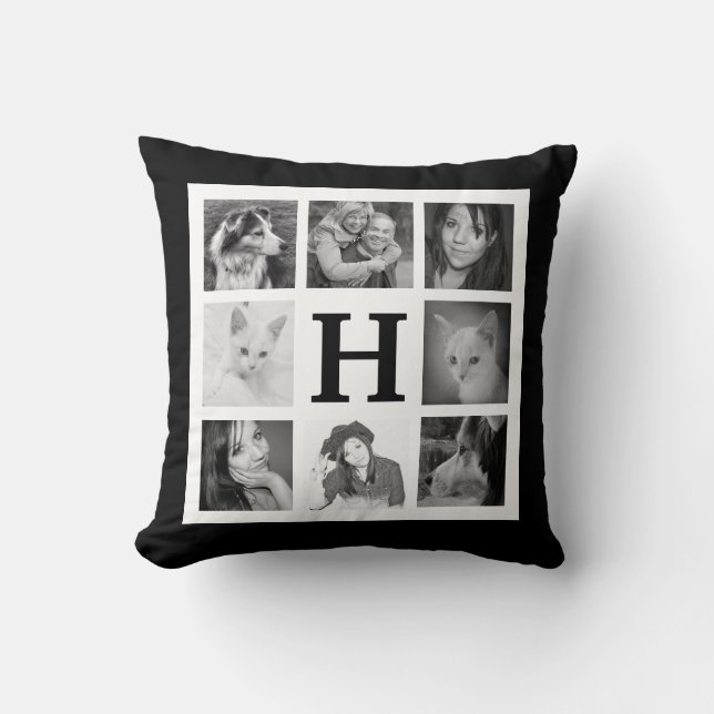 Bold BW Mod 16 Family Photos and Monogram Throw Pillow (Front)