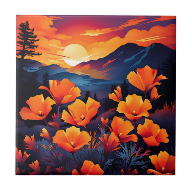 Bold California Poppy with Fiery Sunset Tile (Front)