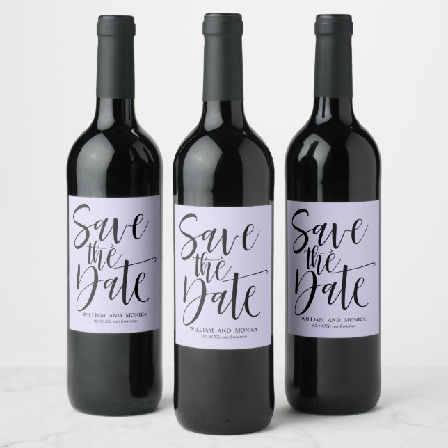 Bold Calligraphy Lavender black save the date Wine Label (Bottles)
