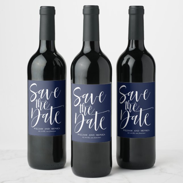 Bold Calligraphy Navy White modern save the date Wine Label (Bottles)