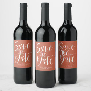 Bold Calligraphy Rust white save the date Wine Label