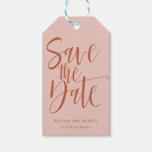 Bold Calligraphy Salmon rust WEDDING SAVE THE DATE Gift Tags