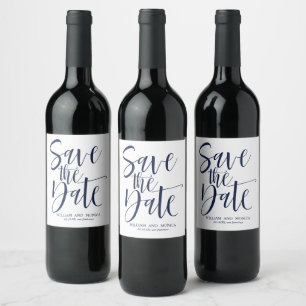Bold Calligraphy White navy modern save the date Wine Label