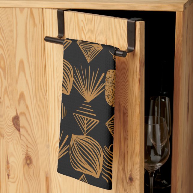 Bold Caribbean Tribal Mudcloth: Black, Gold Kitchen Towel (Thirds Fold)