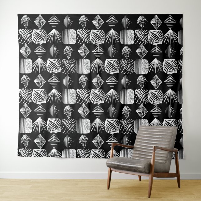 Bold Caribbean Tribal Mudcloth – Black & White,  Tapestry (In Situ (Horizontal))