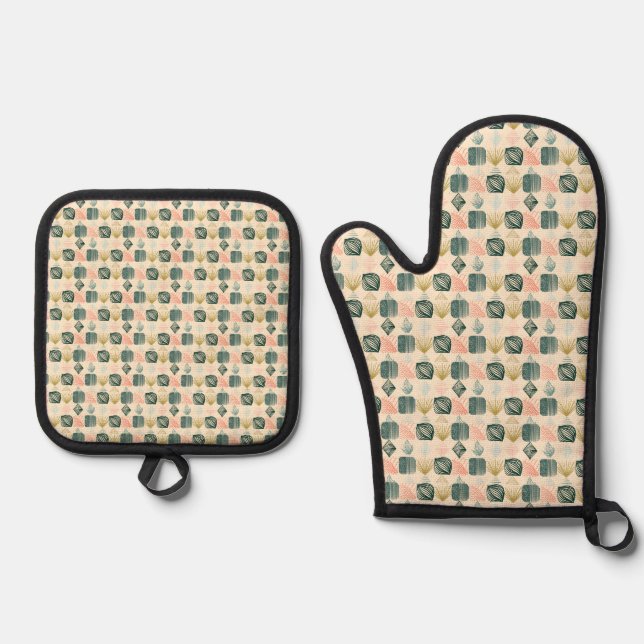 Bold Caribbean Tribal Mudcloth: Boho Buttercream Oven Mitt & Pot Holder Set (Front)
