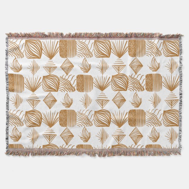 Bold Caribbean Tribal Mudcloth: Gold, White Throw Blanket (Front)