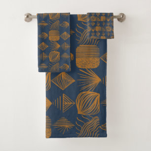 Bold Caribbean Tribal Mudcloth: Navy Blue, Gold Bath Towel Set