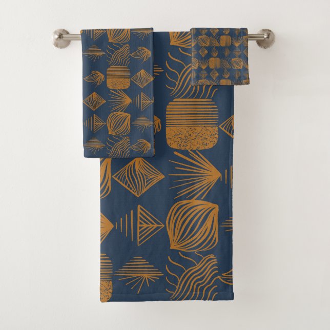 Bold Caribbean Tribal Mudcloth: Navy Blue, Gold Bath Towel Set (Insitu)