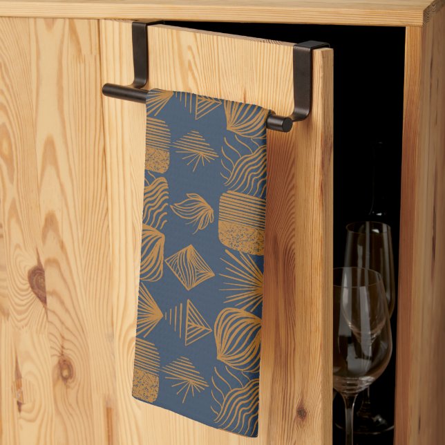 Bold Caribbean Tribal Mudcloth: Navy Blue, Gold Kitchen Towel (Thirds Fold)