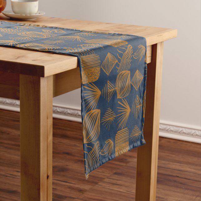 Bold Caribbean Tribal Mudcloth: Navy Blue, Gold Short Table Runner (In Situ)