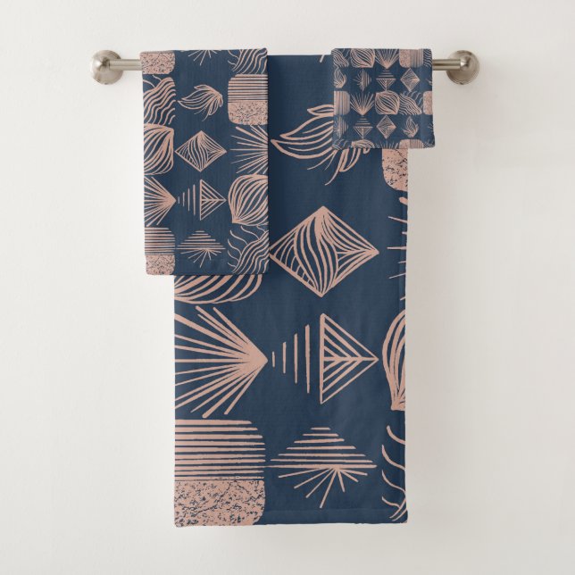 Bold Caribbean Tribal Mudcloth: Navy Blue, Pink Bath Towel Set (Insitu)