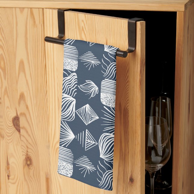 Bold Caribbean Tribal Mudcloth: Navy Blue& White,  Kitchen Towel (Thirds Fold)
