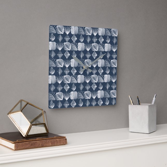 Bold Caribbean Tribal Mudcloth: Navy Blue& White,  Square Wall Clock (Office)