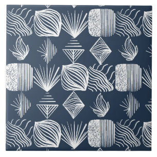 Bold Caribbean Tribal Mudcloth: Navy Blue& White,  Tile