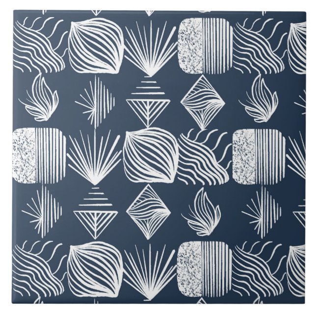 Bold Caribbean Tribal Mudcloth: Navy Blue& White,  Tile (Front)