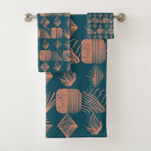 Bold Caribbean Tribal Mudcloth: Teal, Coral Throw Bath Towel Set
