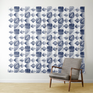 Bold Caribbean Tribal Mudcloth: White, Navy Blue Tapestry