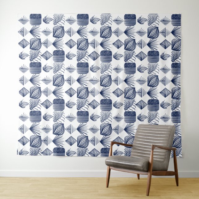 Bold Caribbean Tribal Mudcloth: White, Navy Blue Tapestry (In Situ (Horizontal))