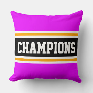 Bold CHAMPIONS Bright Pink Black Athletic Stripes Throw Pillow