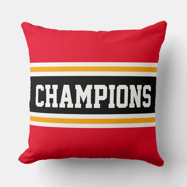 Bold CHAMPIONS Bright Red Black Athletic Stripes Throw Pillow (Front)