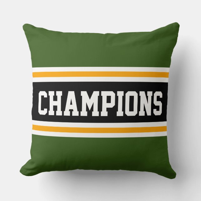 Bold CHAMPIONS Forest Green Black Athletic Stripes Throw Pillow (Front)