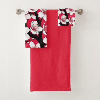 Bold Cherry Blossom Illustration on Red Bath Towel Set