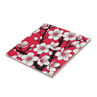 Bold Cherry Blossom Illustration on Red Tile