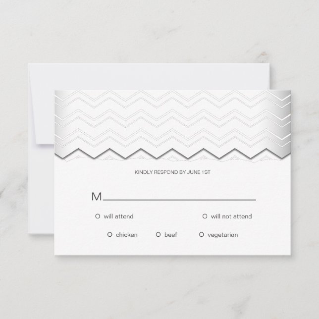 Bold Chevron Silver on White RSVP Card (Front)