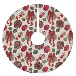 Bold Christmas Baubles & Red Bows on Cream  Brushed Polyester Tree Skirt