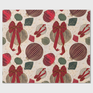 Bold Christmas Baubles & Red Bows on Cream  Wrapping Paper