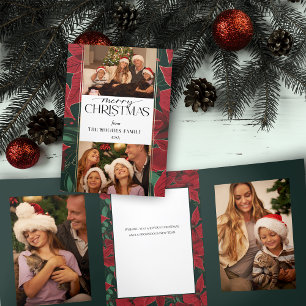 Bold Christmas Poinsettia Botanical 2-Photo Tri-Fold Card
