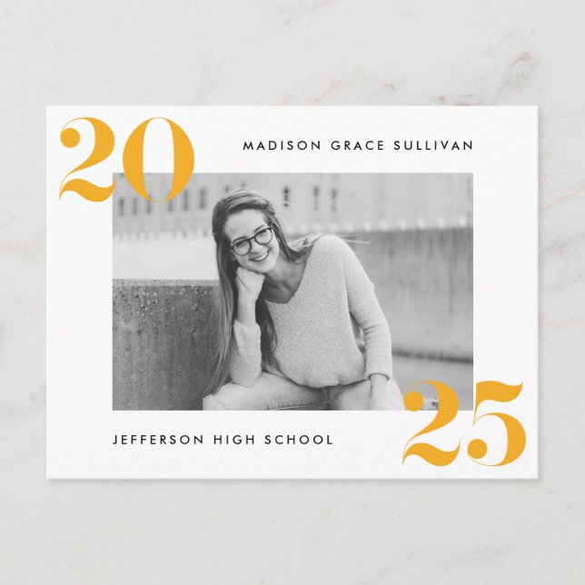 Bold Class of 2025 Yellow Photo Graduation Party Invitation Postcard (Front)