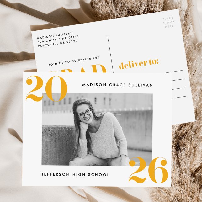 Bold Class of 2025 Yellow Photo Graduation Party Invitation Postcard (Creator Uploaded)