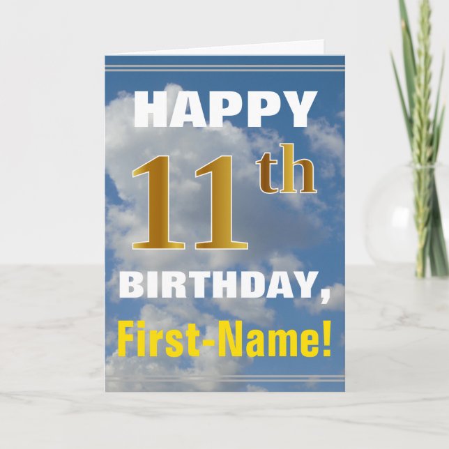 Bold, Cloudy Sky, Faux Gold 11th Birthday + Name Card (Front)