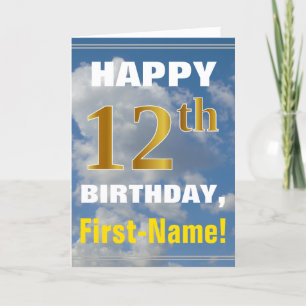 Bold, Cloudy Sky, Faux Gold 12th Birthday + Name Card