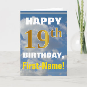 Bold, Cloudy Sky, Faux Gold 19th Birthday + Name Card