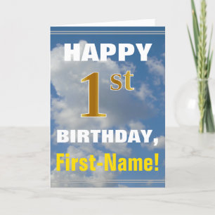 Bold, Cloudy Sky, Faux Gold 1st Birthday + Name Card