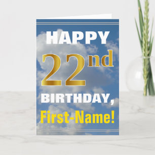 Bold, Cloudy Sky, Faux Gold 22nd Birthday + Name Card